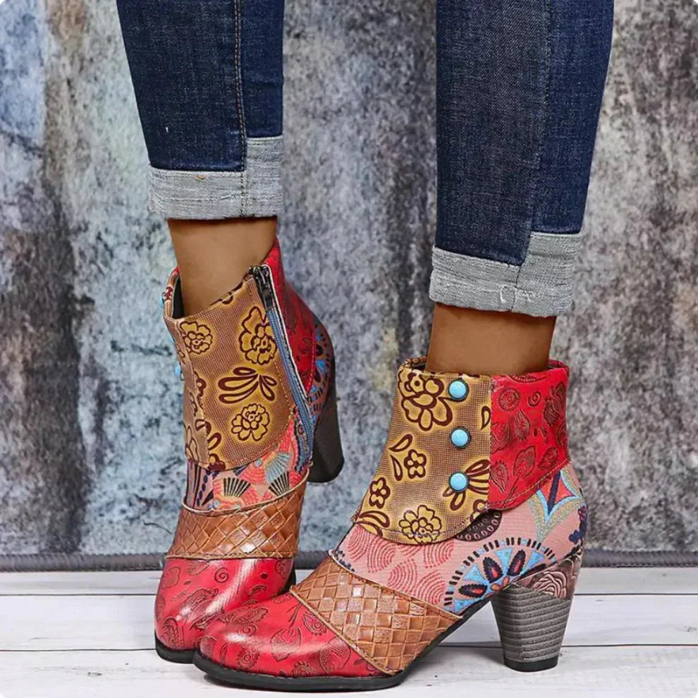 Bottines pour femmes à imprimé floral avec boutons décoratifs