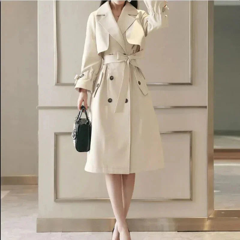 Long trench-coat pour femmes avec ceinture et double fermeture à boutons