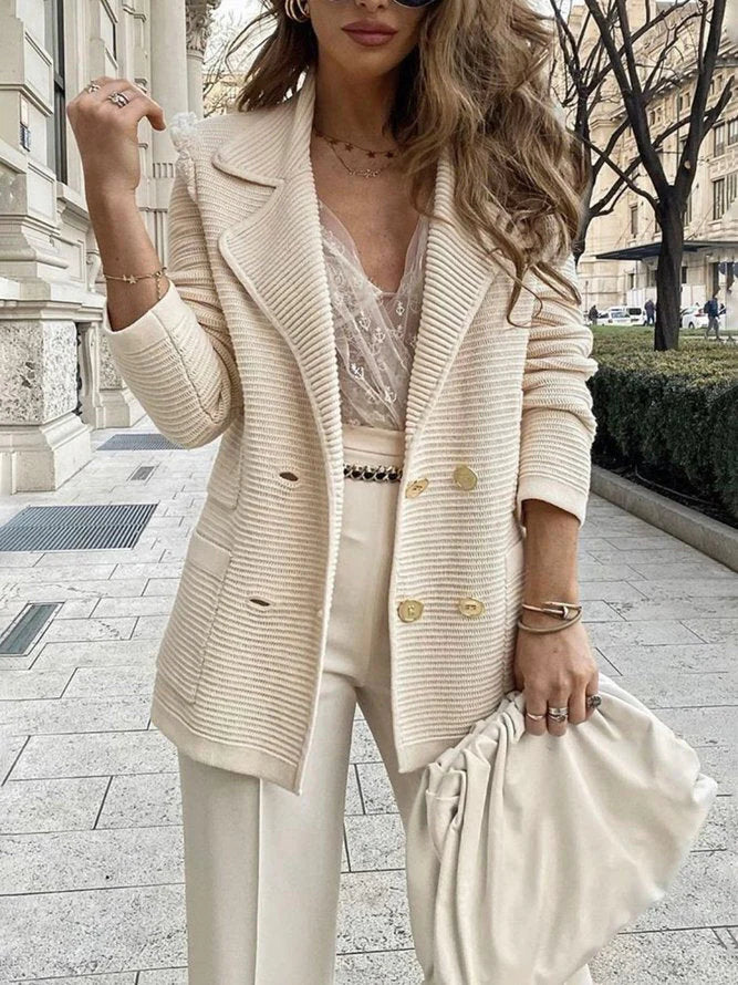 Blazer en tricot côtelé pour dames, double rangée, manches longues, coupe élégante