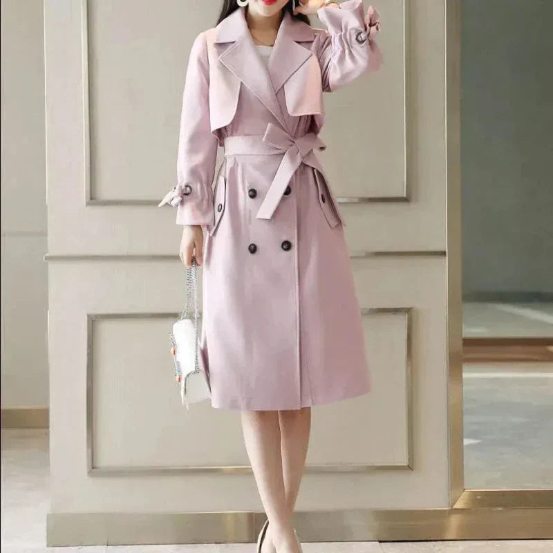 Long trench-coat pour femmes avec ceinture et double fermeture à boutons