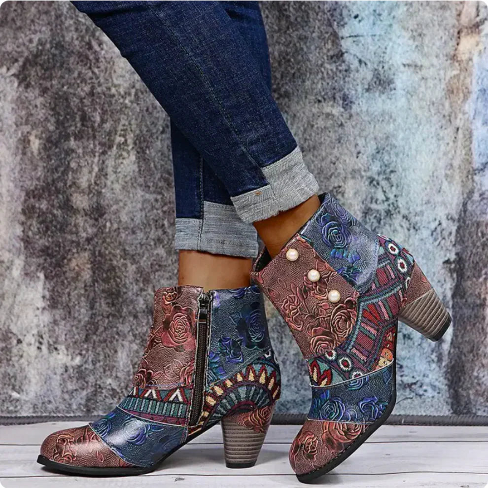 Bottines pour femmes à imprimé floral avec boutons décoratifs