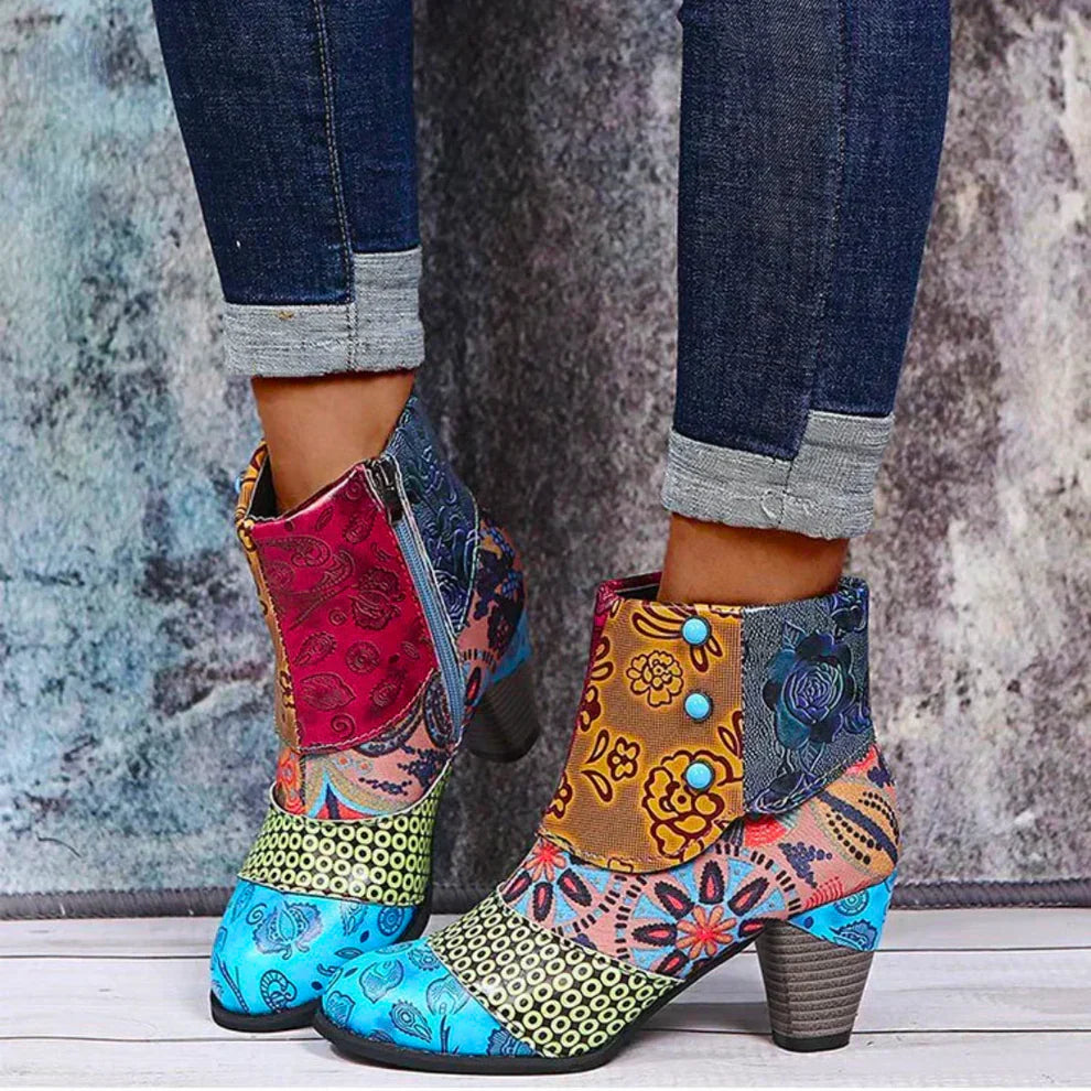 Bottines pour femmes à imprimé floral avec boutons décoratifs