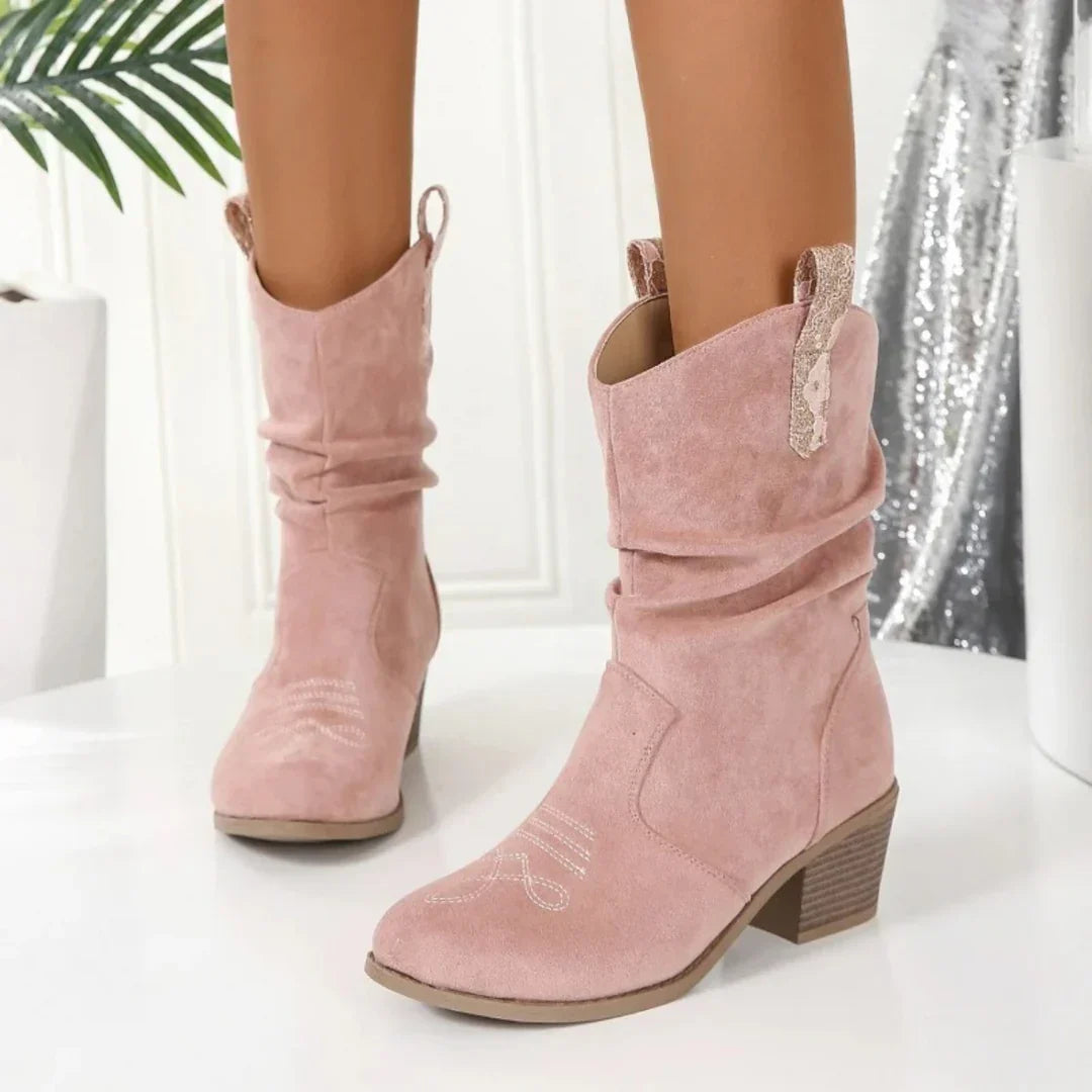 Bottes de cow-boy pour femmes en cuir rose avec nez rond