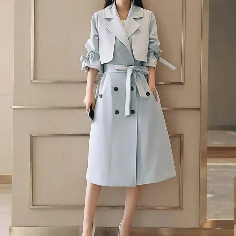 Long trench-coat pour femmes avec ceinture et double fermeture à boutons