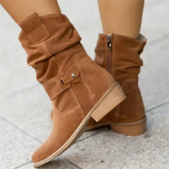 Bottes en daim pour dames à mi-mollet, style souple, talon bas, décontractées