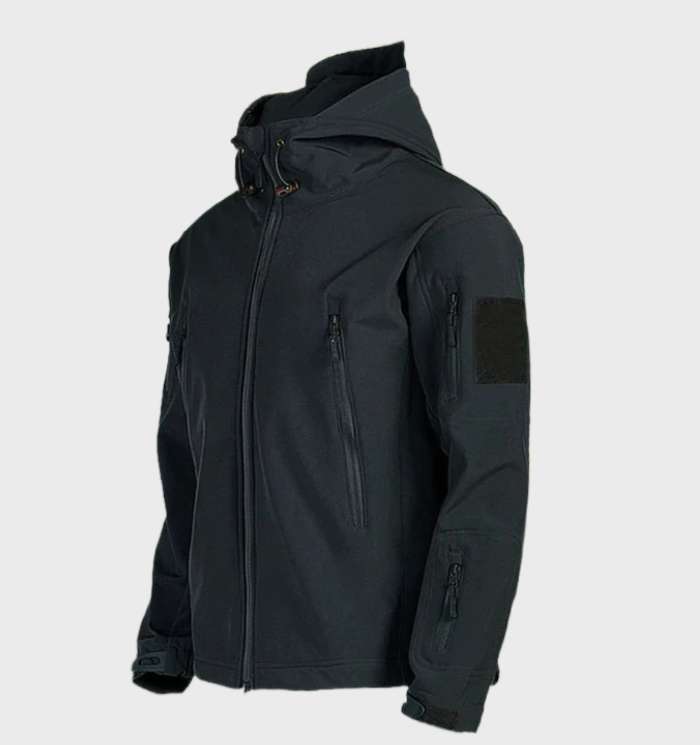 veste tactique chaude et imperméable avec capuche et fermeture éclair sur toute la longueur