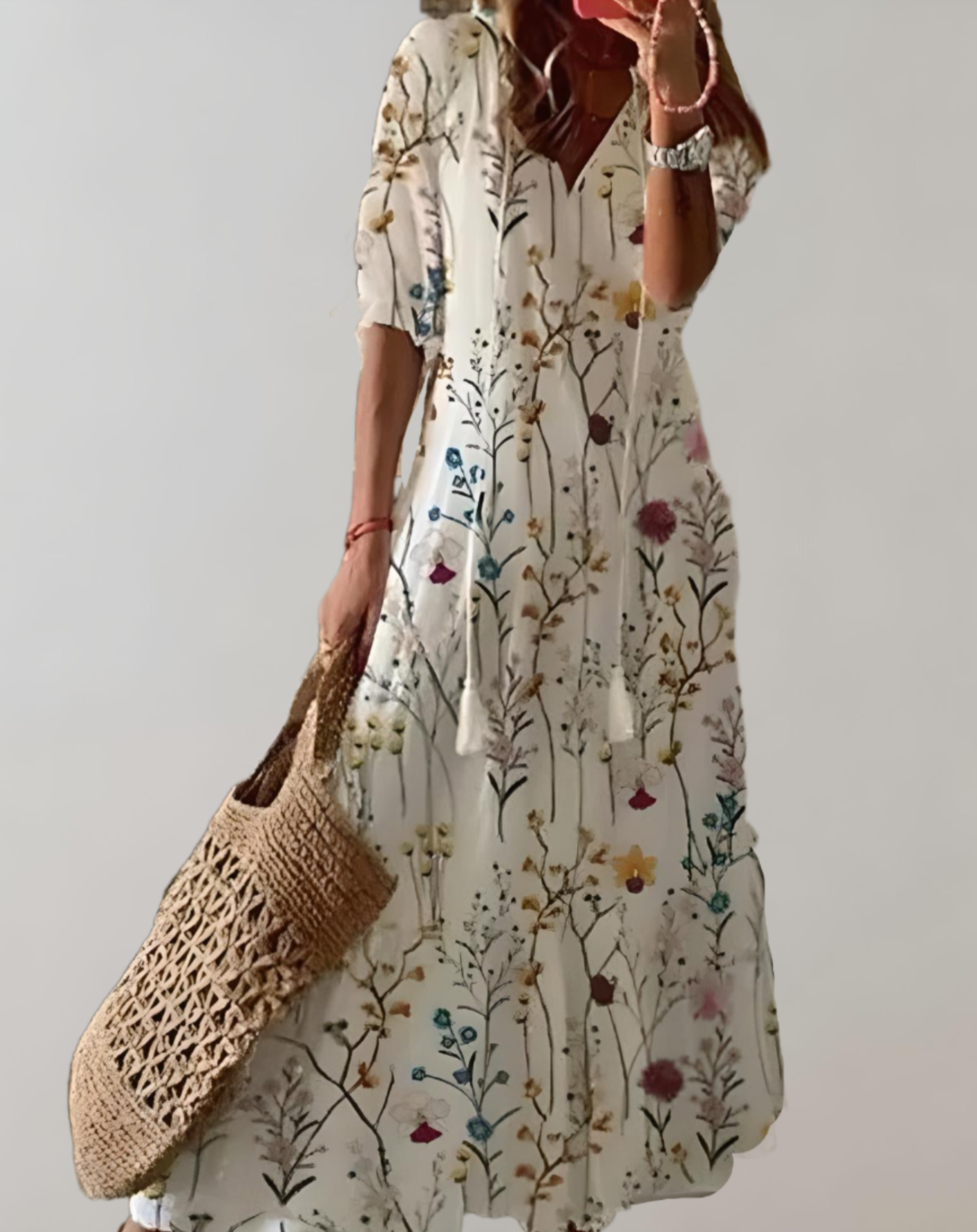 robe longue bohème à imprimé floral, manches demi-longues et cordon de serrage ajustable