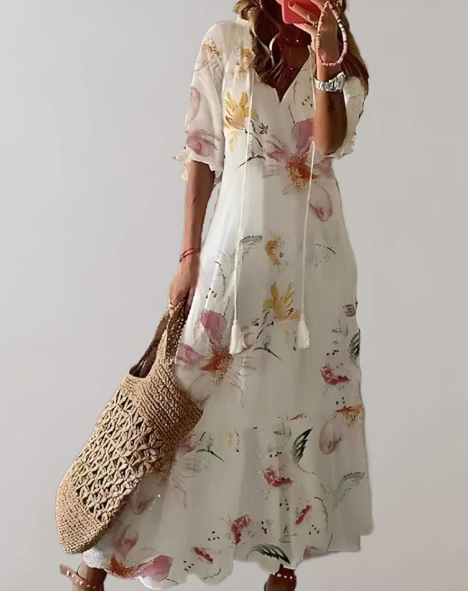 robe longue bohème à imprimé floral, manches demi-longues et cordon de serrage ajustable