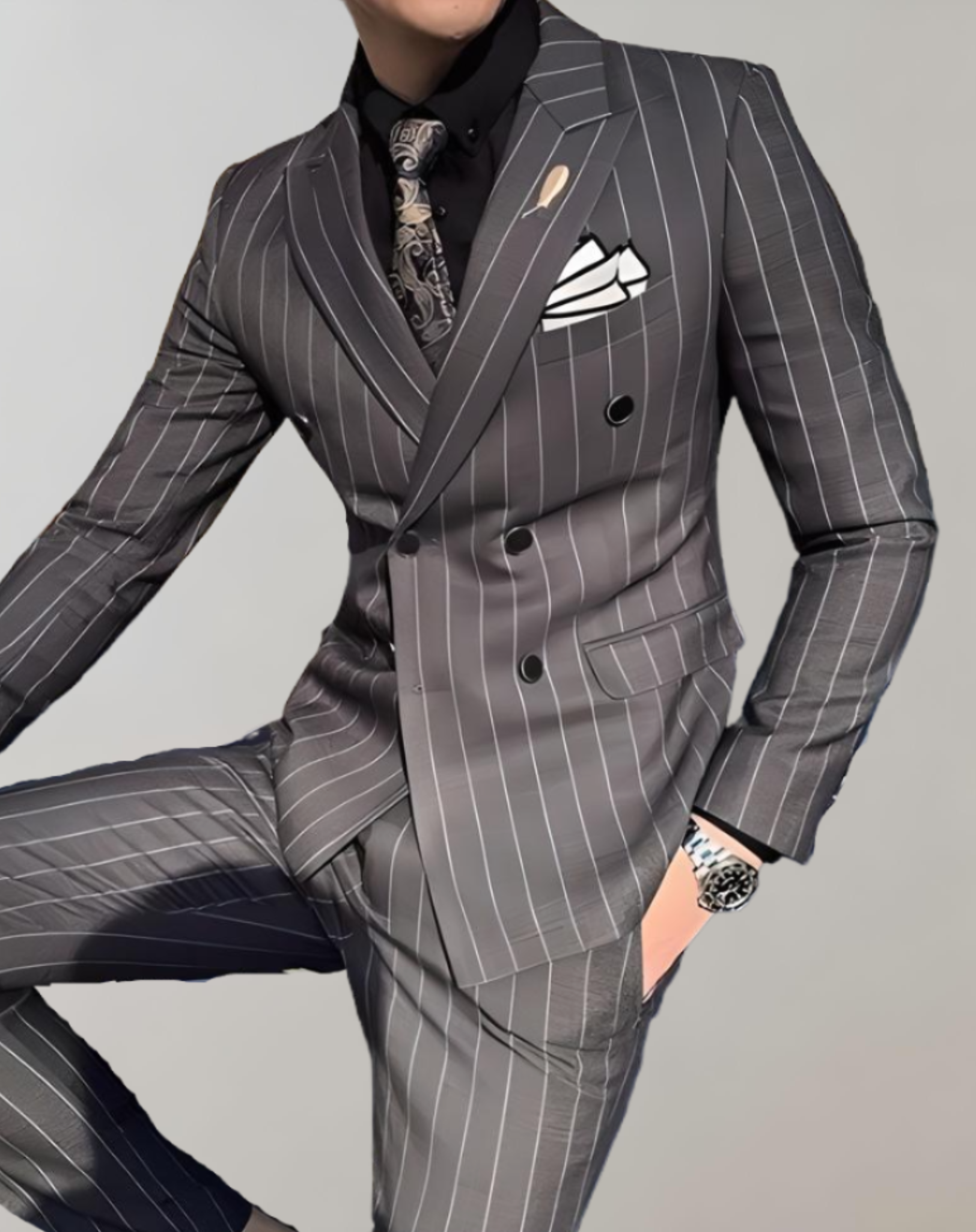 Ensemble 2 pièces de costume rayé pour homme avec col et double rangée de boutons, combiné avec un pantalon de cérémonie rayé avec poches