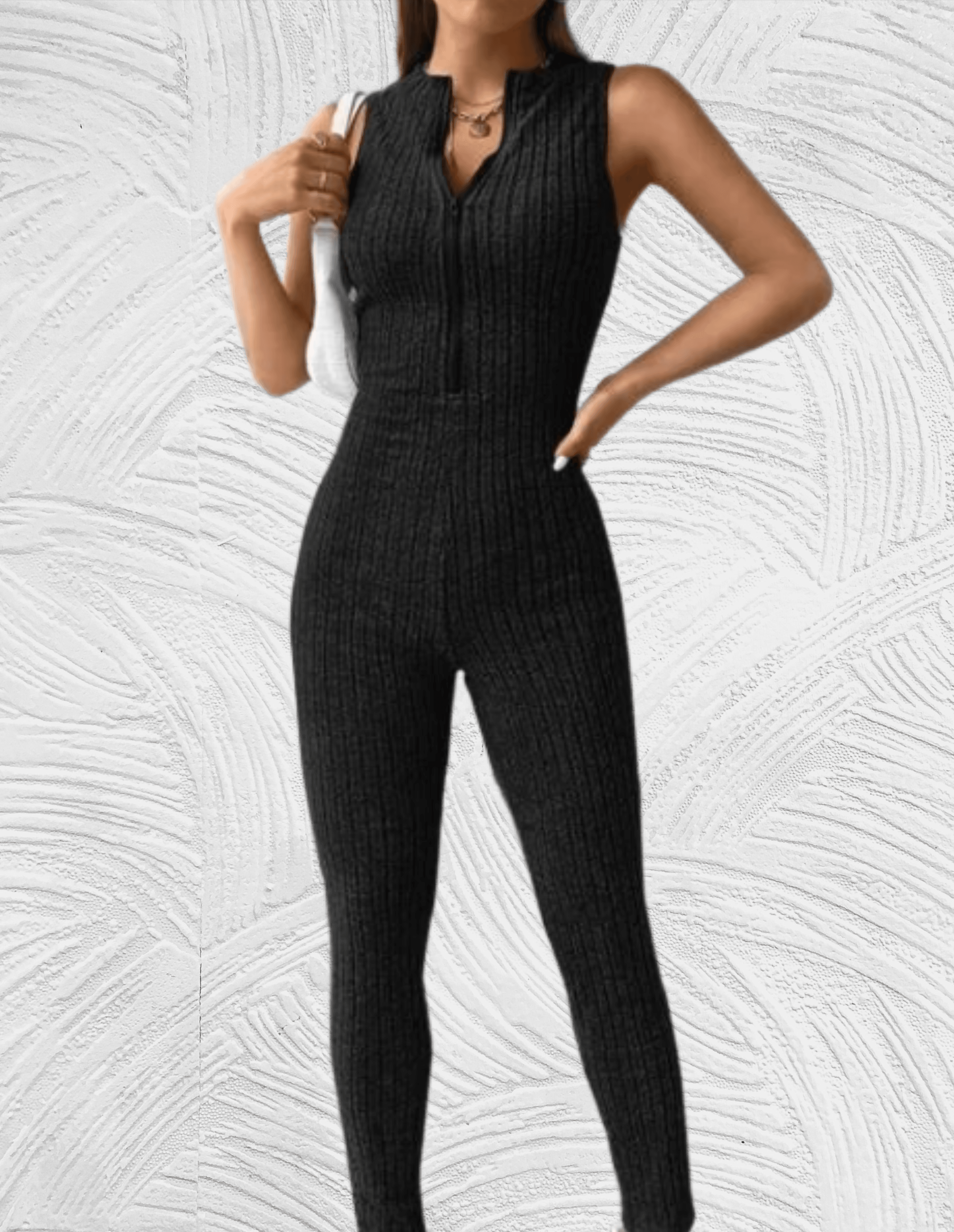 Ellen - Mouwloze jumpsuit met slanke pasvorm en lage ritssluiting met V hals aan de voorkant - Miller-Mode