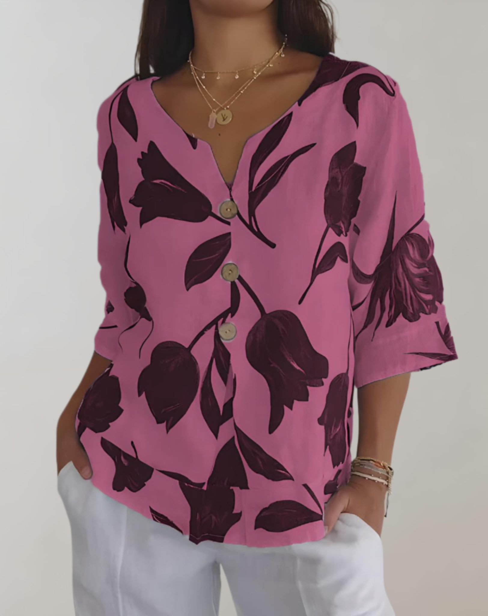 Top ample à manches 3/4, motif floral et fermeture à boutons