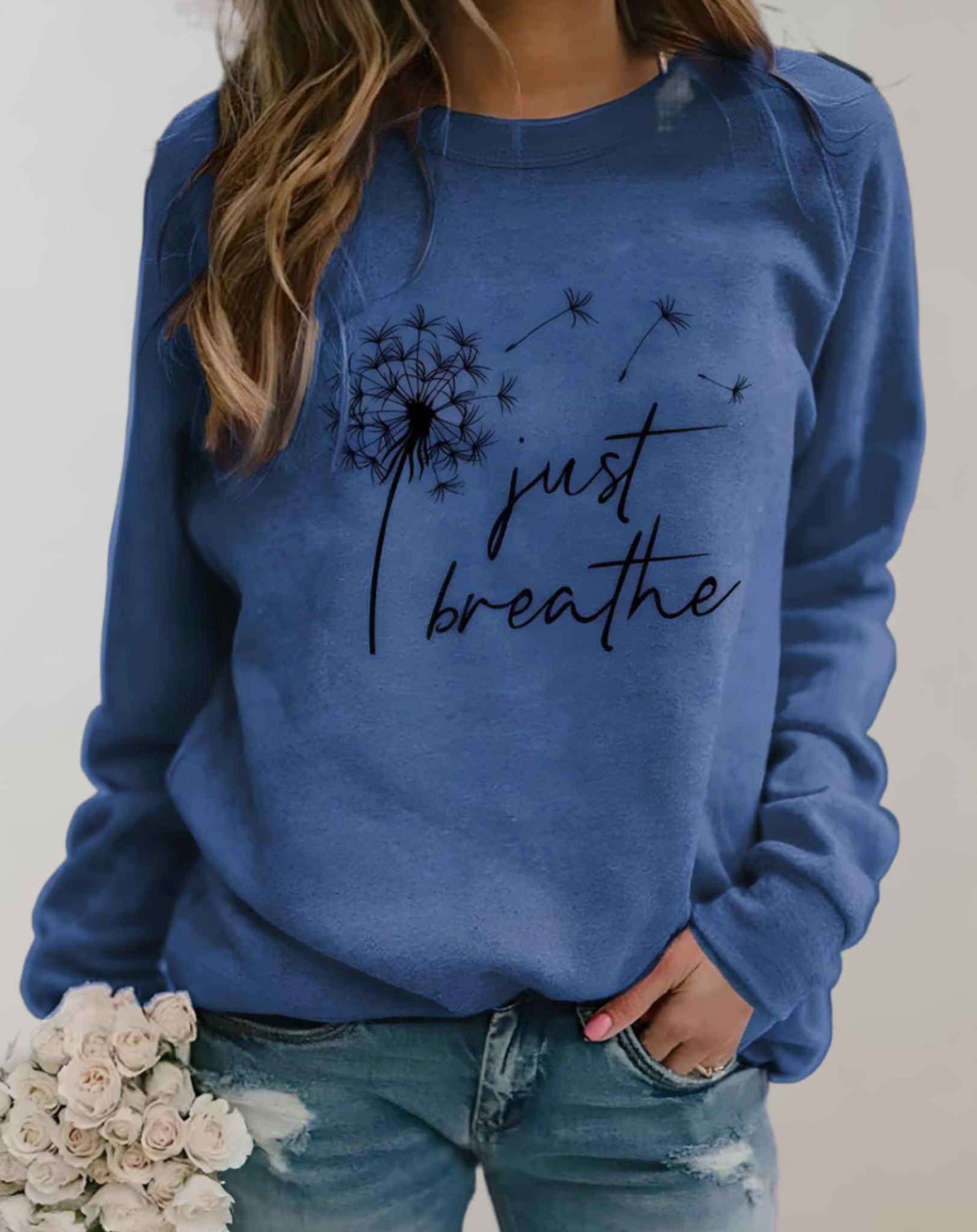 Pull oversize à col rond, déclaration « just breath » et imprimé sur le devant