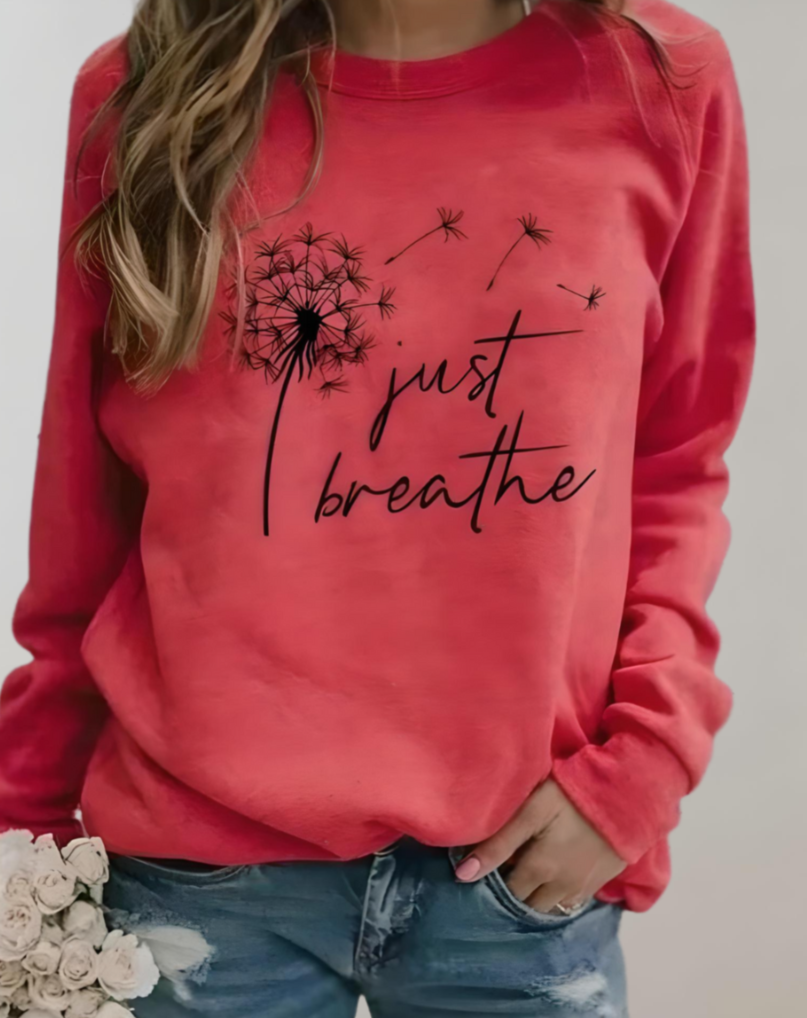 Pull oversize à col rond, déclaration « just breath » et imprimé sur le devant