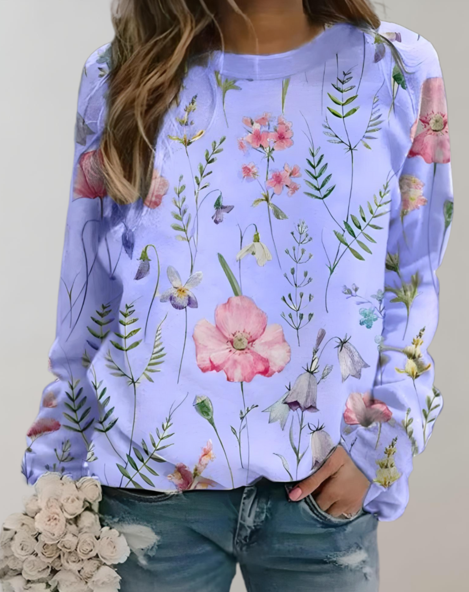 Pull oversize à col rond avec motif floral