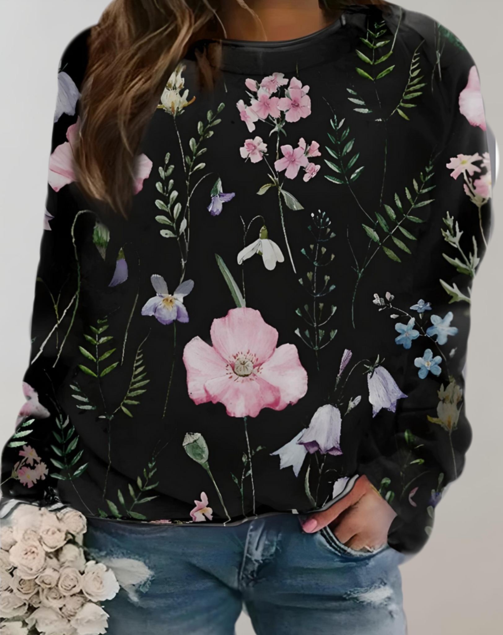 Pull oversize à col rond avec motif floral