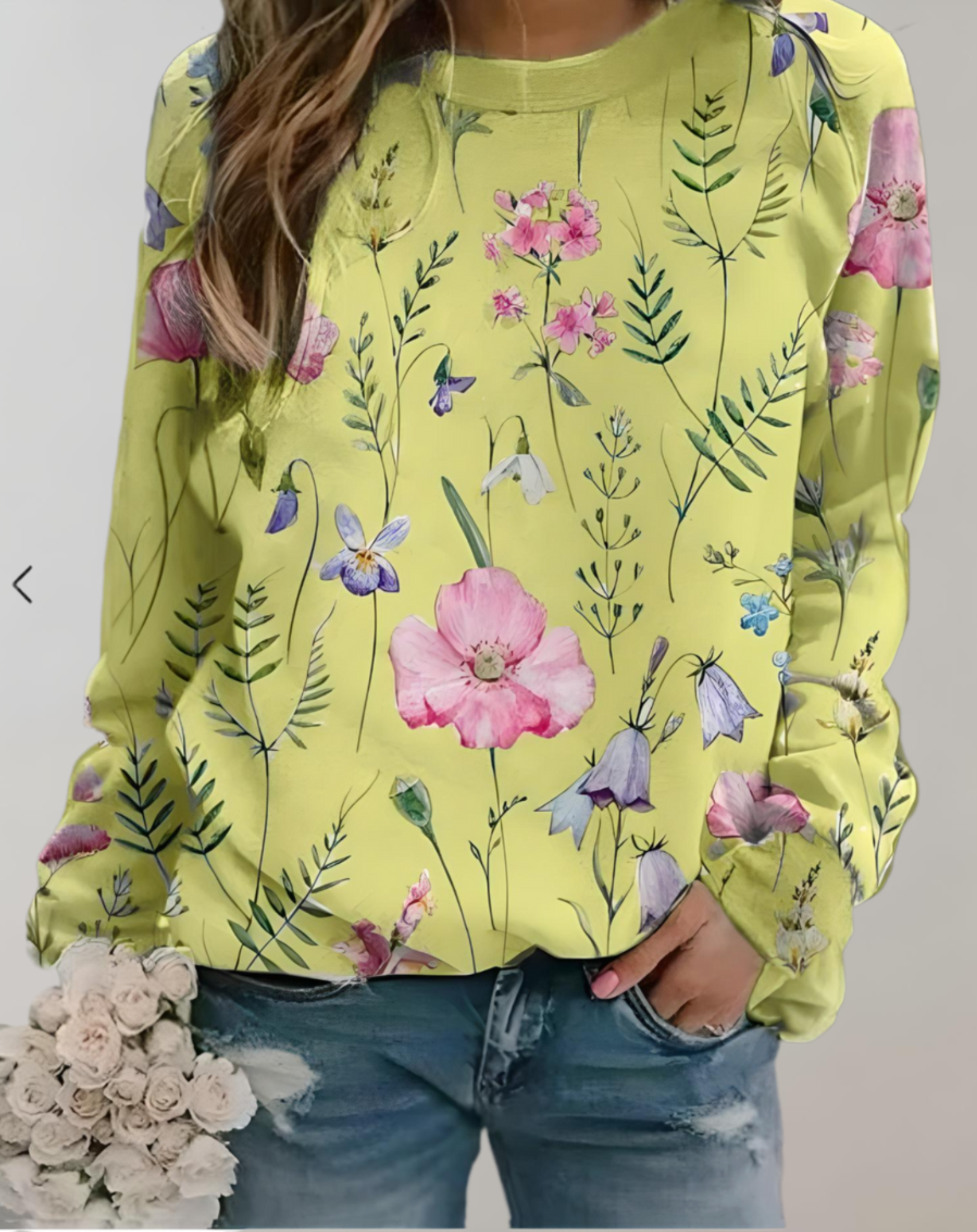 Pull oversize à col rond avec motif floral