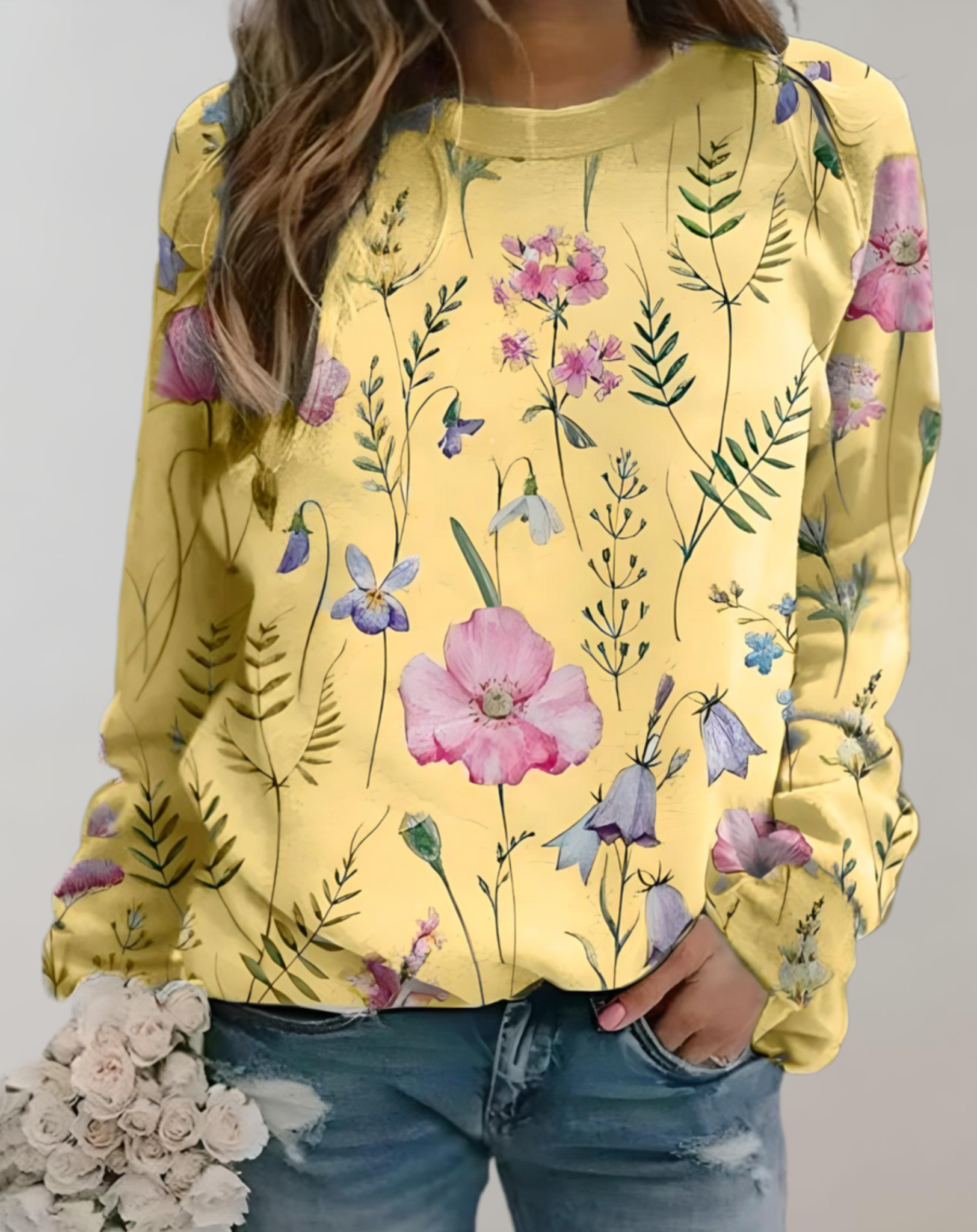 Pull oversize à col rond avec motif floral