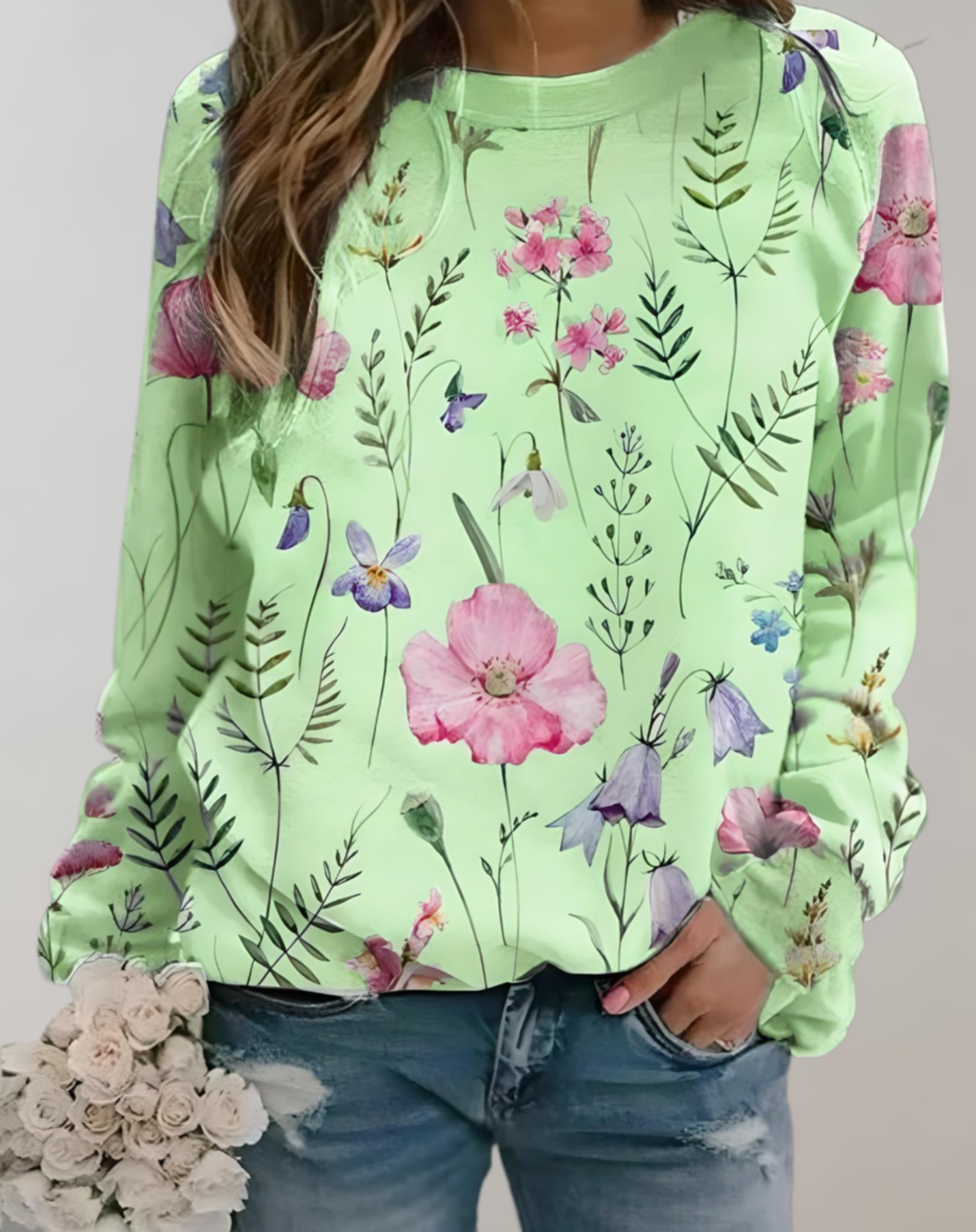 Pull oversize à col rond avec motif floral