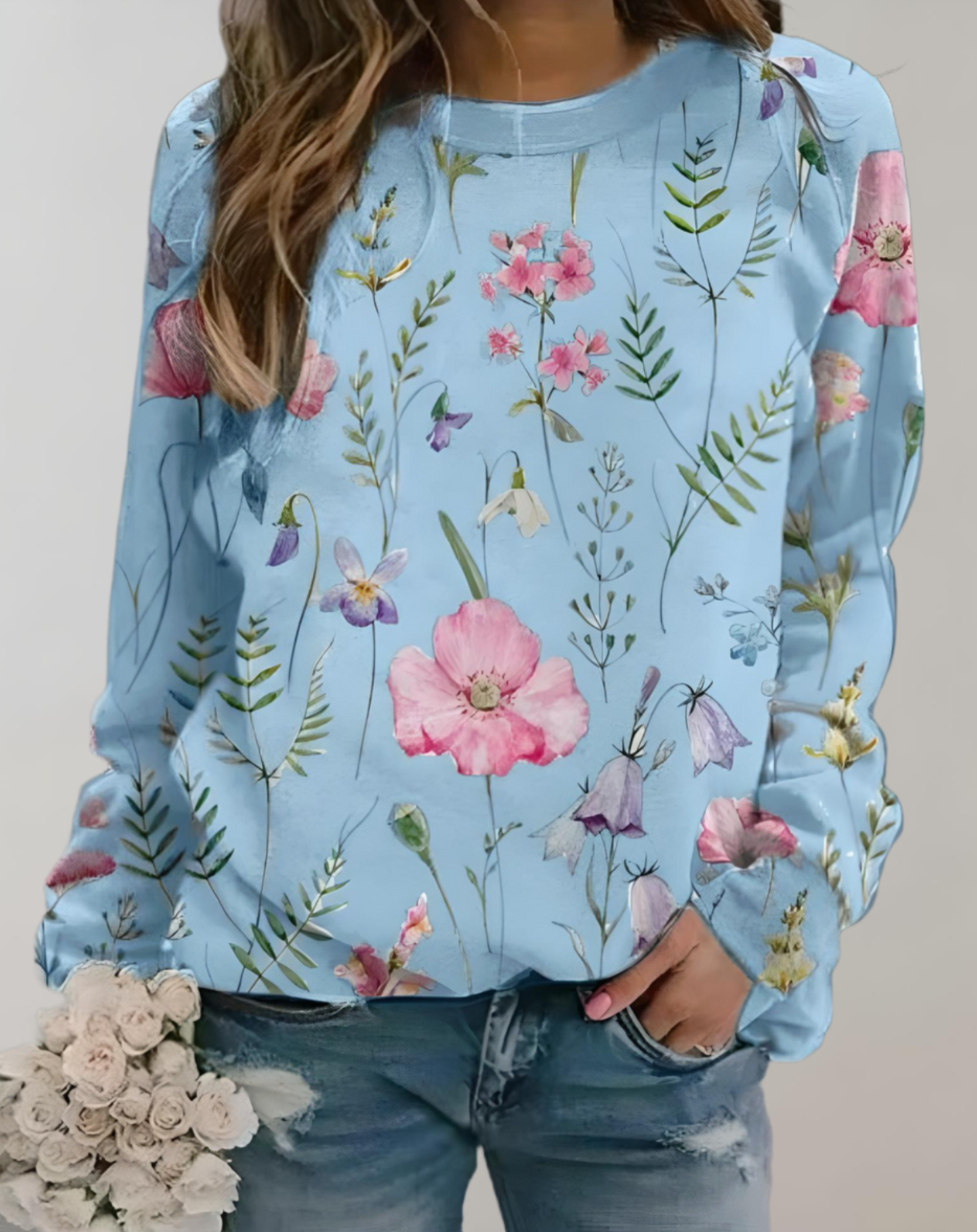 Pull oversize à col rond avec motif floral