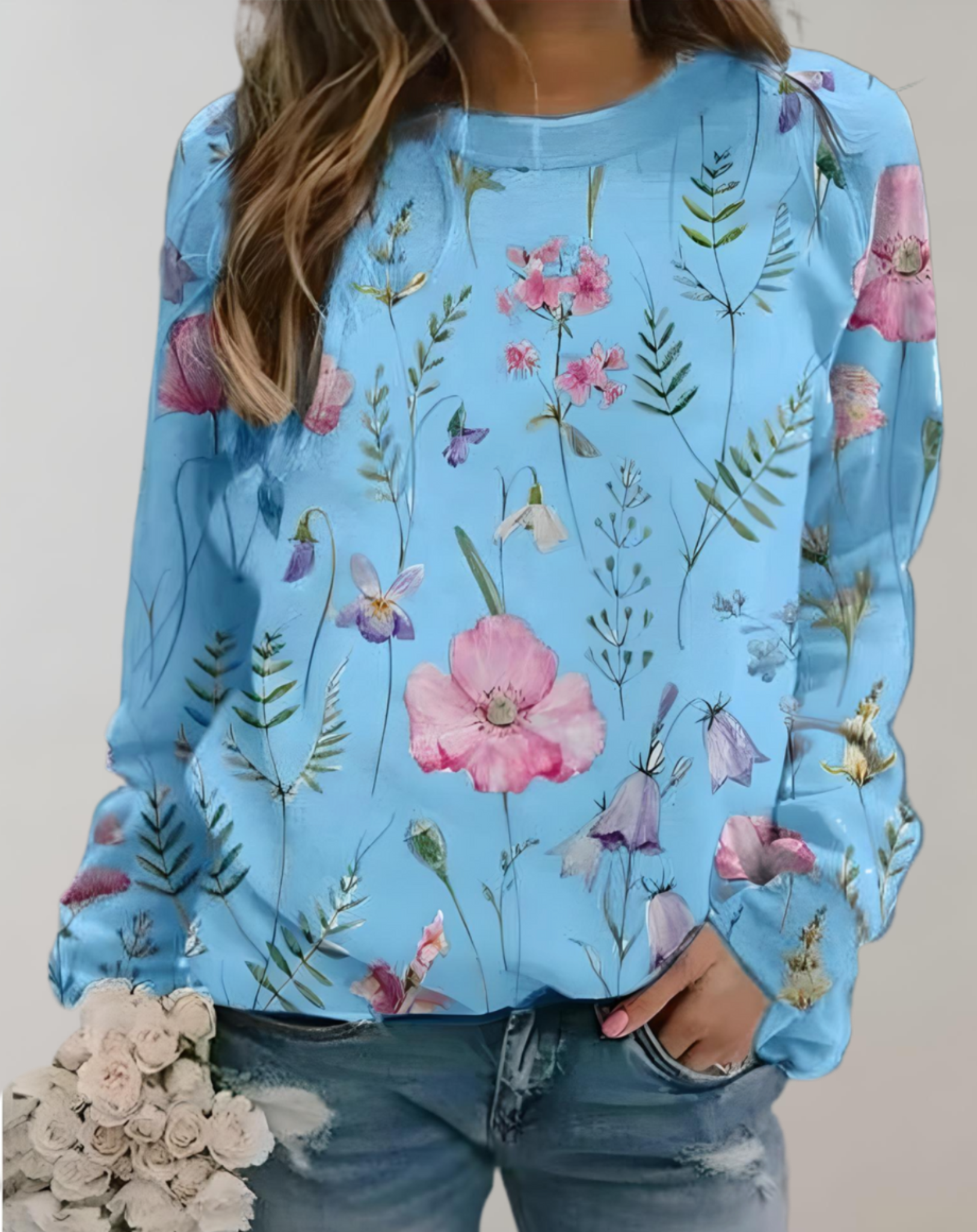 Pull oversize à col rond avec motif floral