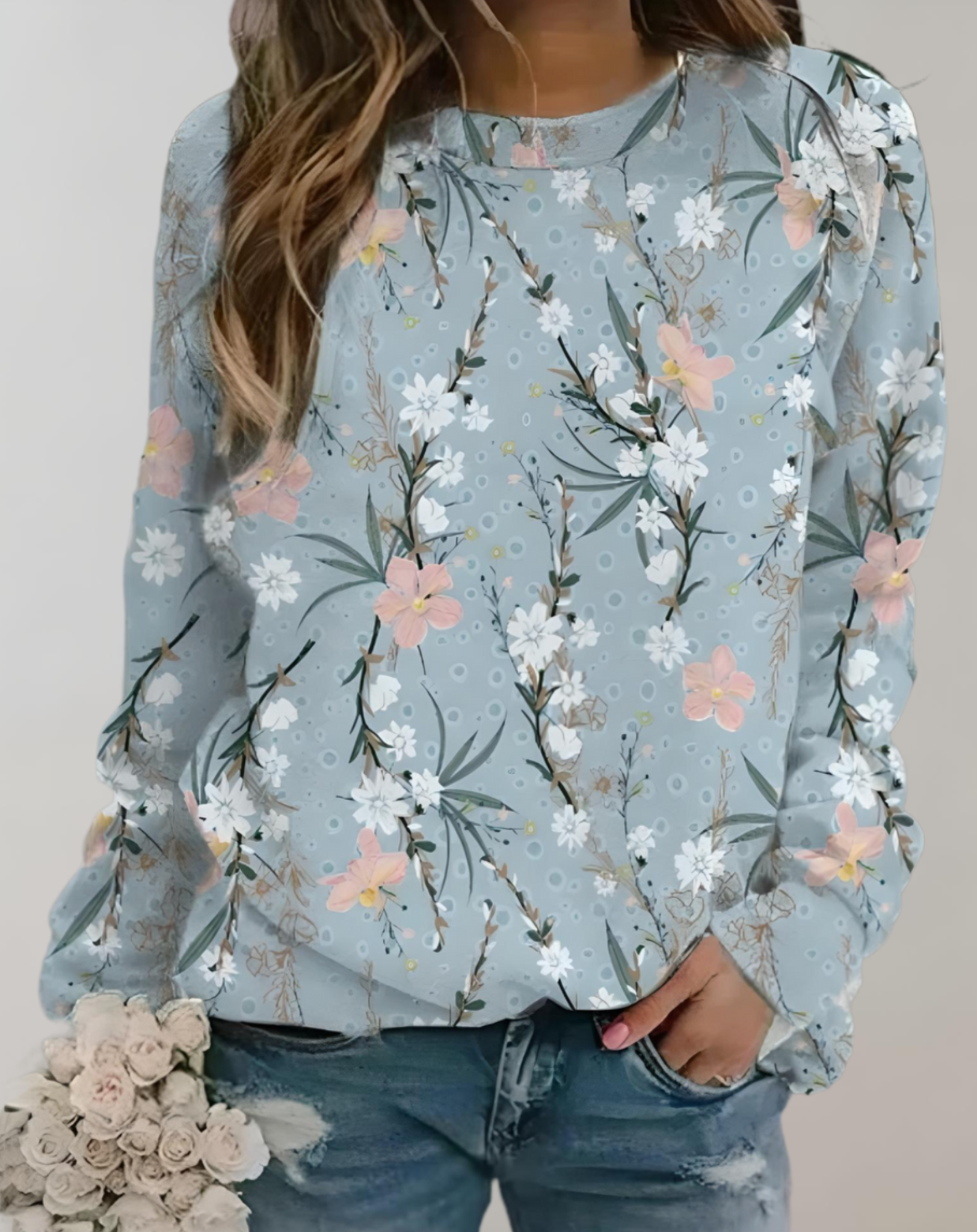 Pull oversize à col rond avec motif floral