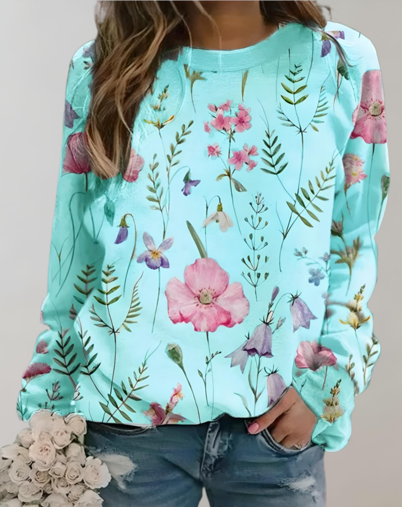 Pull oversize à col rond avec motif floral